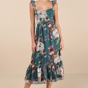 Lulus Jenneth Teal Floral Ruffled Midi Dress Green - Size S